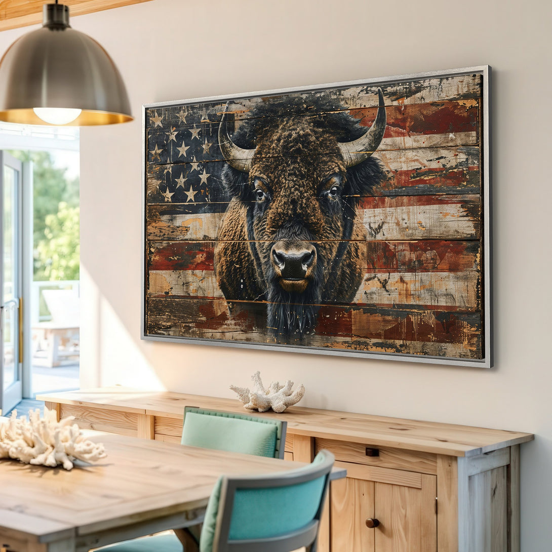 Framed Wall Art: Rustic bison portrait on American flag wood. Earthy tones and distressed style. Perfect for farmhouse decor.