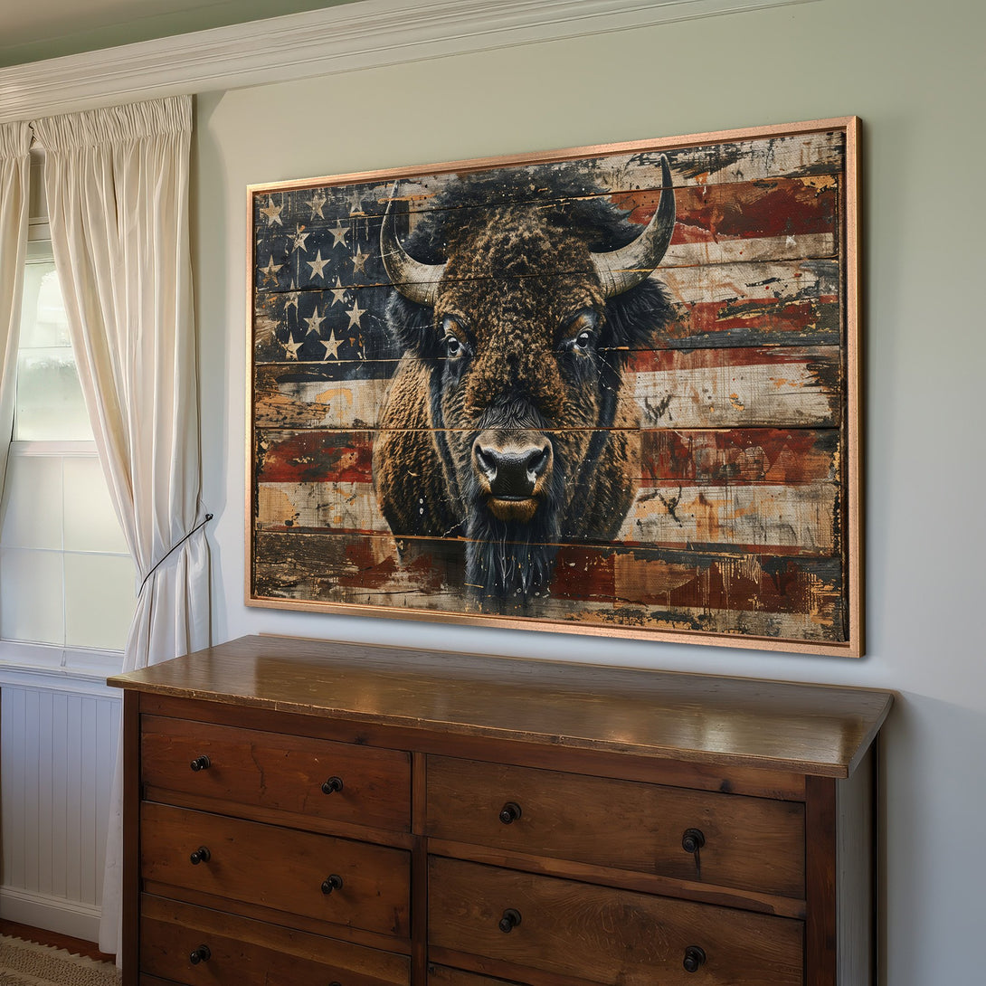 Framed Wall Art: Rustic bison portrait on American flag backdrop. Earthy tones & distressed wood style. Perfect for farmhouse decor.