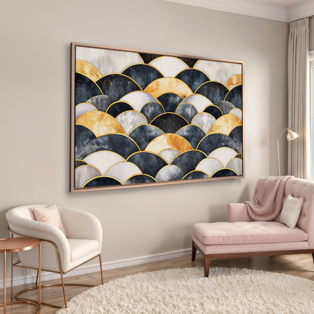 Framed Wall Art: Abstract fan design in navy, gold, and white. Modern art canvas print adds elegance to any interior. Shop now!