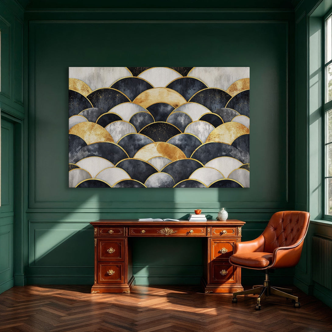 Framed Wall Art: Abstract geometric design in navy, gold, and white. Modern canvas print adds elegance to dining room decor.