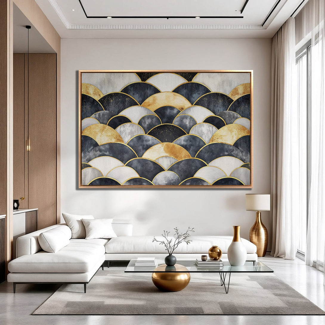 Framed Wall Art: Abstract geometric design in gold, gray, and navy. Modern canvas print adds a touch of luxury to any living room.