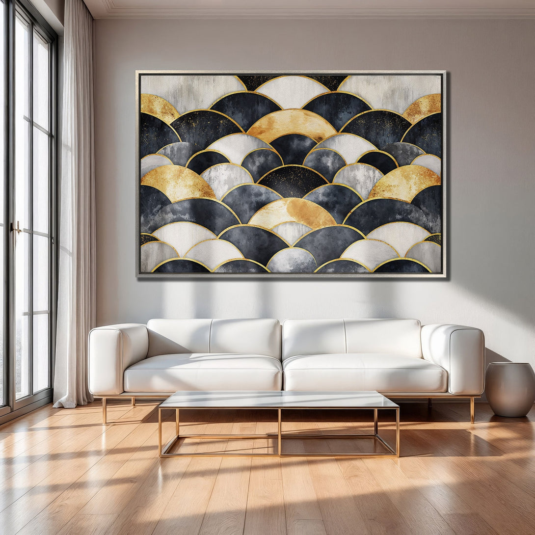 Framed Wall Art: Abstract geometric art in gold, black, and white. Modern canvas print adds elegance to living room decor.