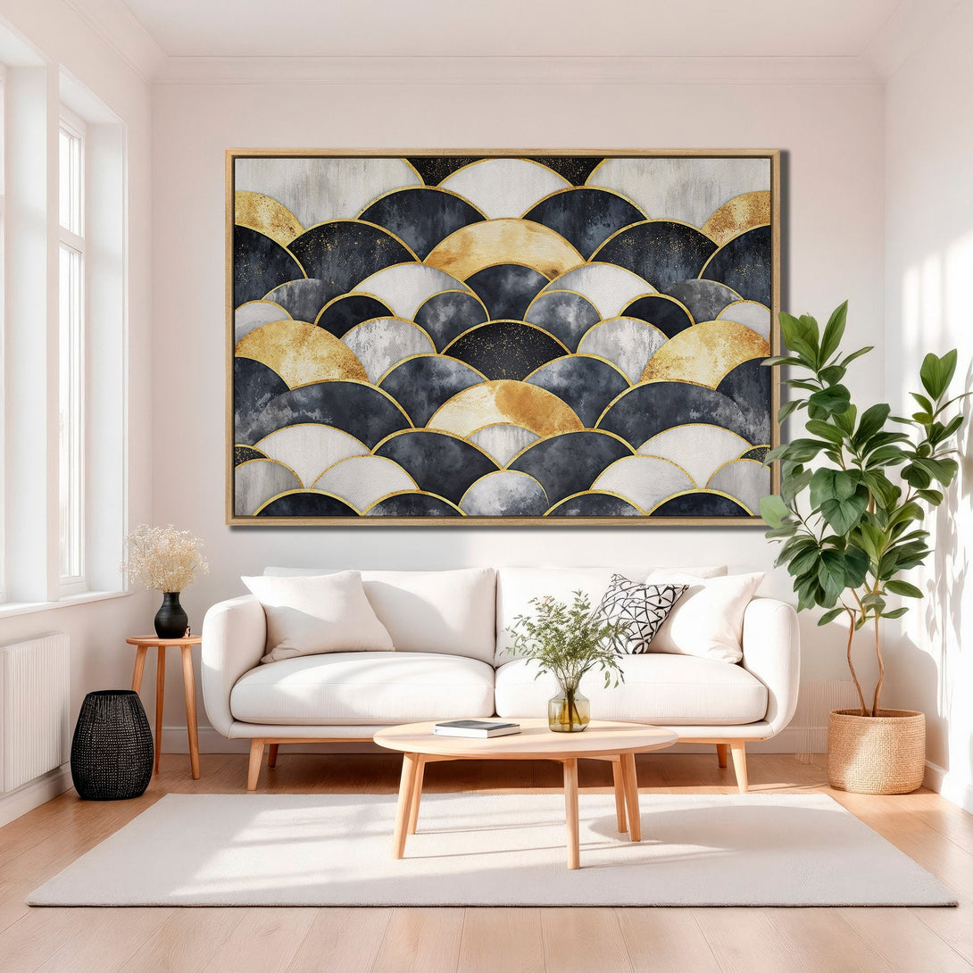 Framed Wall Art: Abstract geometric Canvas Print in gold, navy, and white. Modern art piece for living room decor. Enhance your home with stylish wall art!