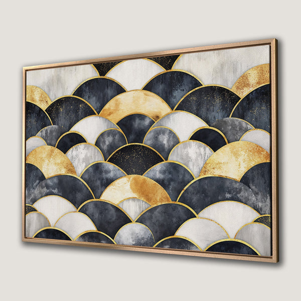 Framed Wall Art featuring an abstract geometric design in navy, gold, and white. Modern art Canvas Print for stylish home decor.