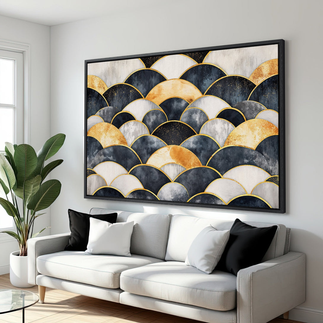 Framed Wall Art: Abstract geometric design in navy, gold, and white. Modern canvas print adds elegance to any living room. Shop now for stylish home decor!