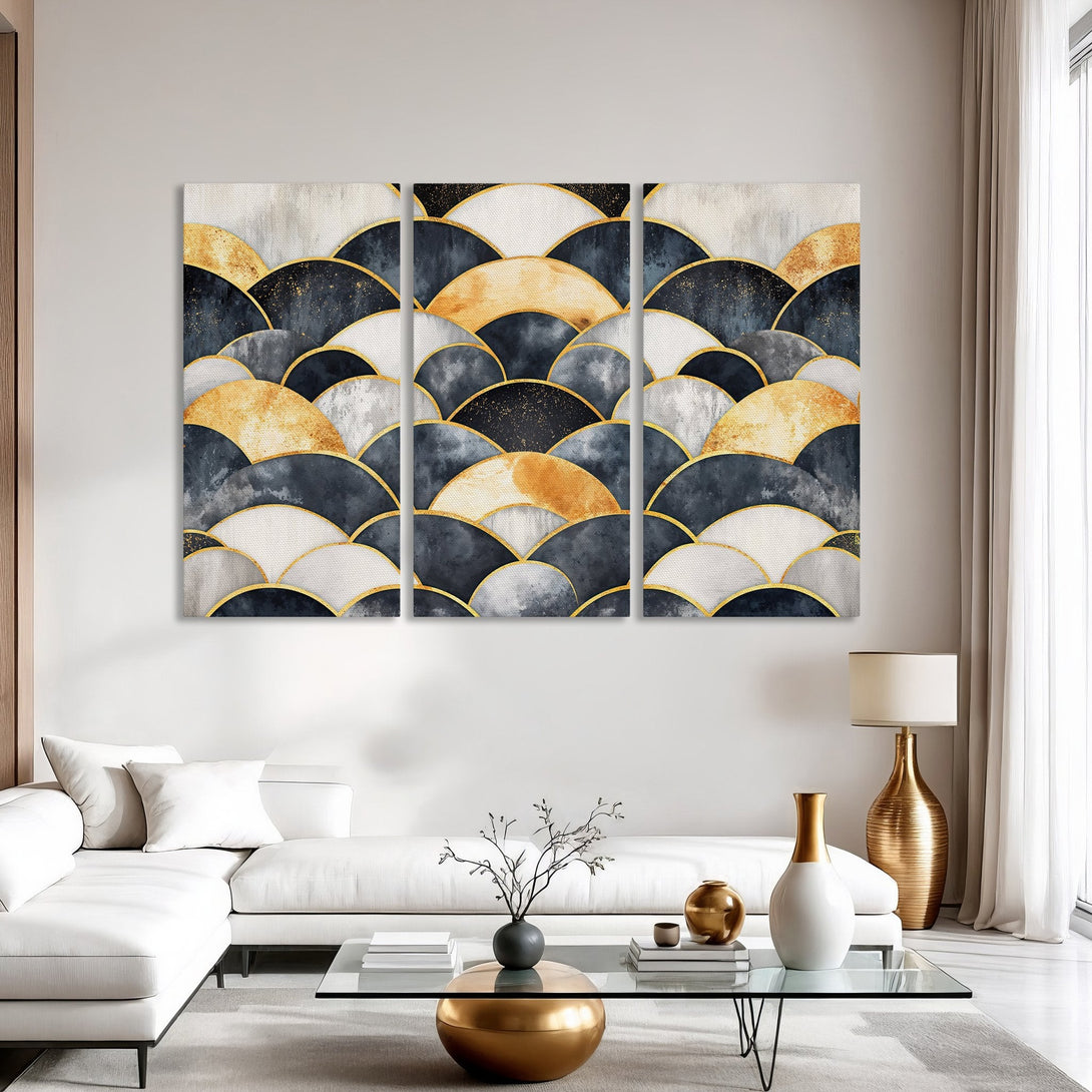 Abstract Canvas Print art in a modern interior. Features a geometric design with navy, gold, and white tones. Perfect for living room decor.