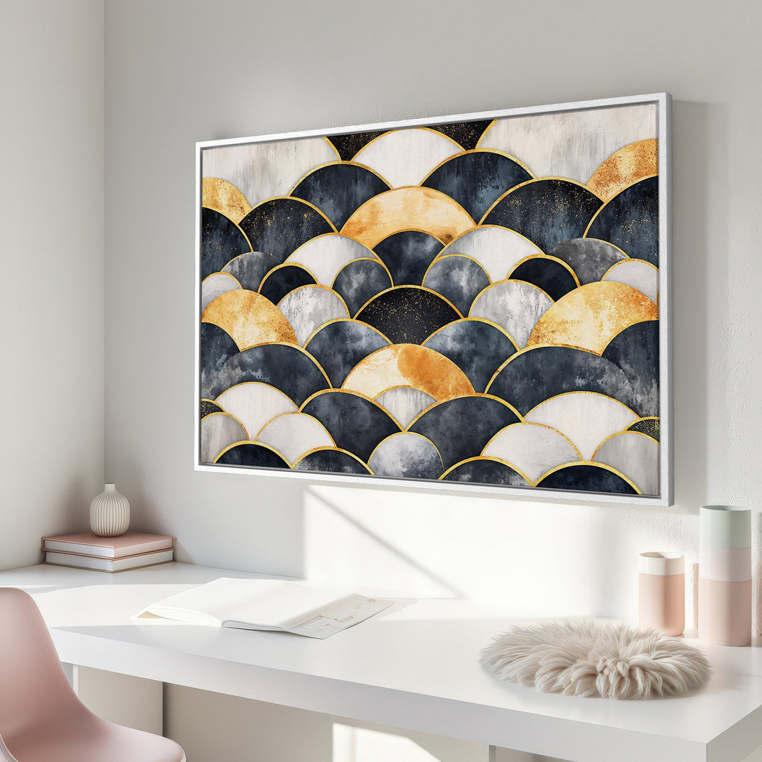Framed Wall Art featuring an abstract watercolor design in navy, gold, and white. Modern art for your home decor.