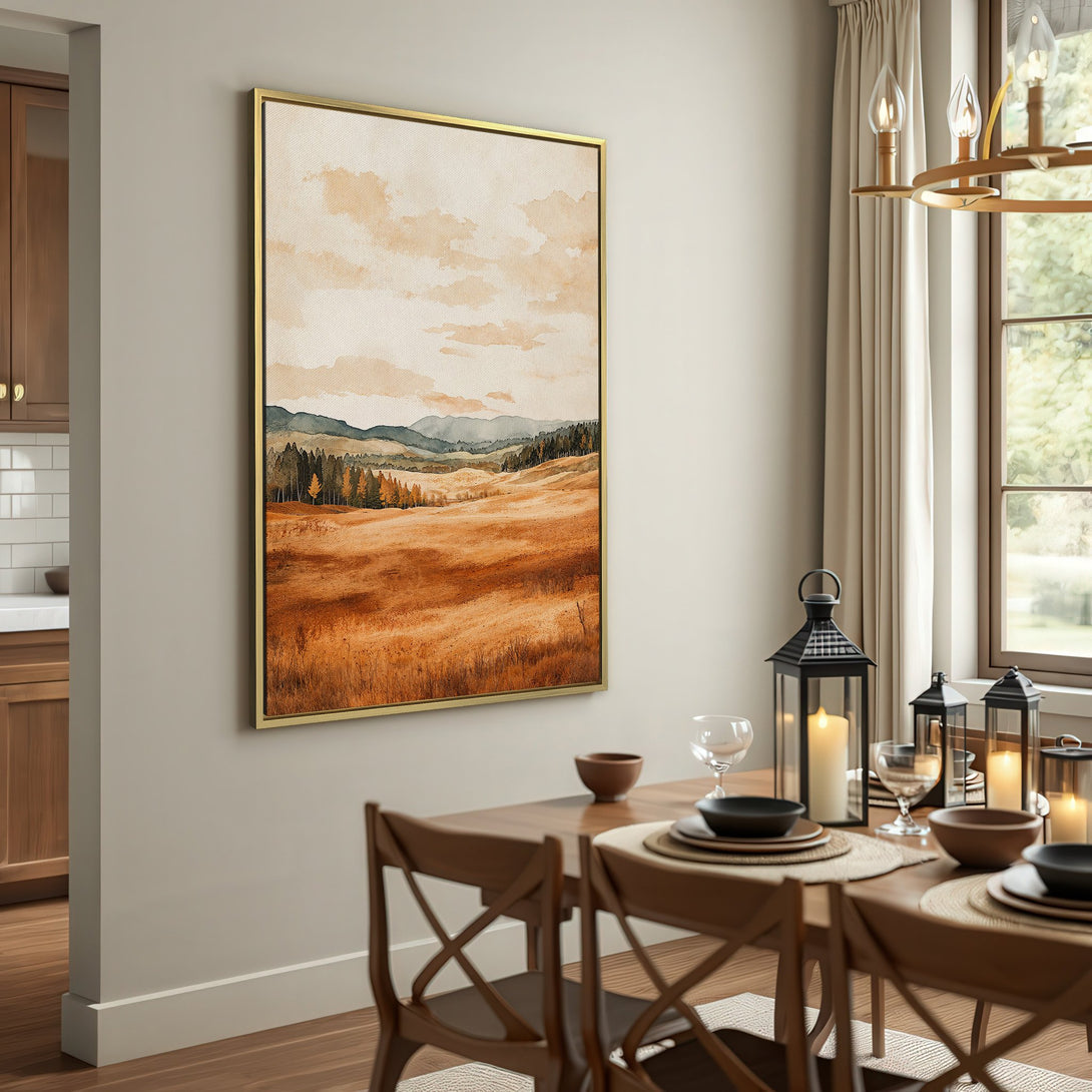Canvas Print of a serene landscape in warm earth tones. Watercolor style art perfect for rustic or modern decor.