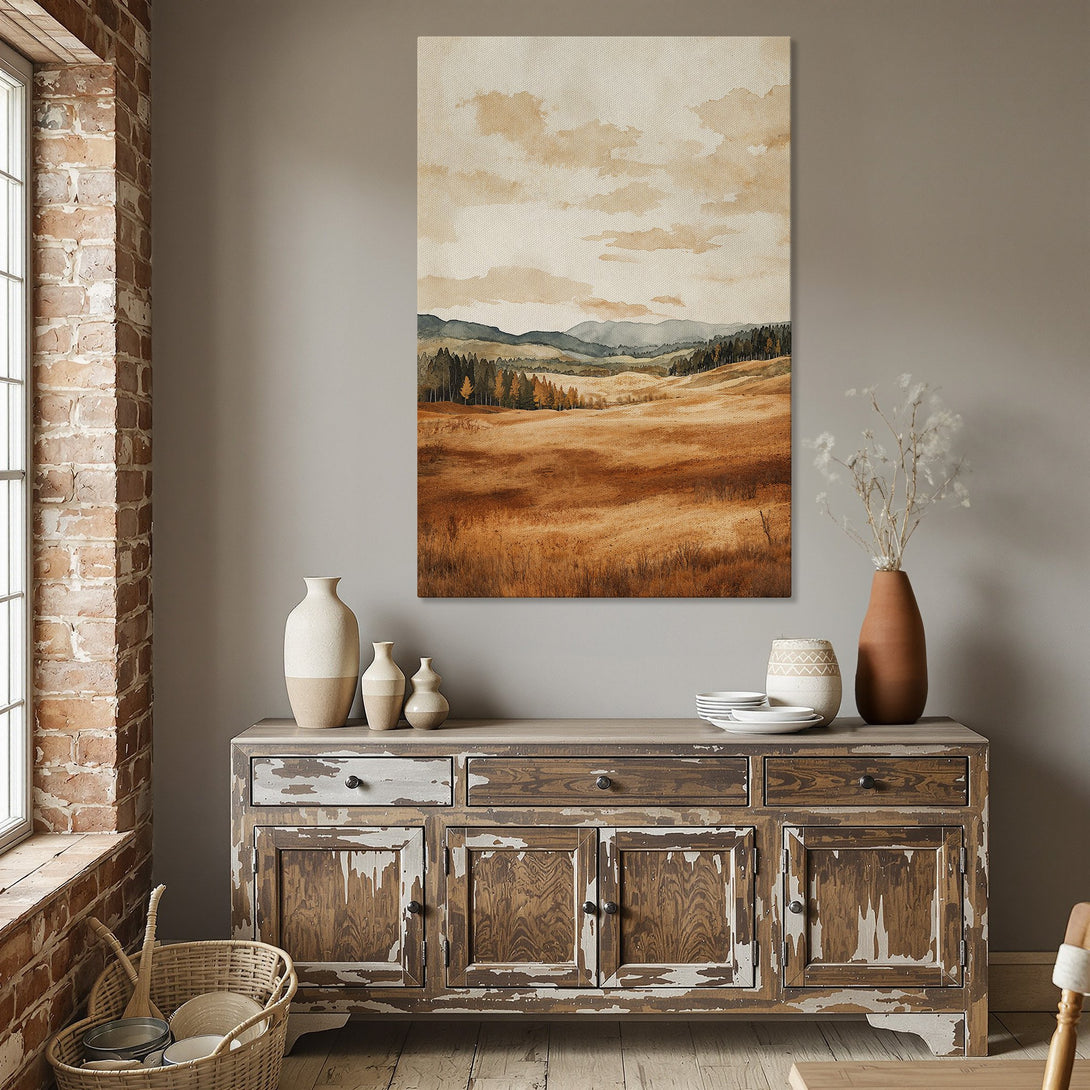 Framed Wall Art: Watercolor landscape Canvas Print in warm earth tones. Perfect for adding rustic charm to your dining room decor.