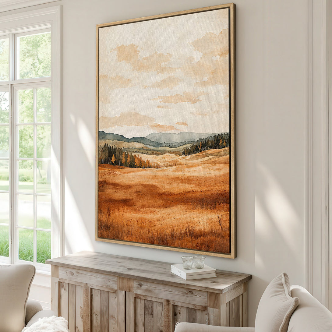 Framed Wall Art: Watercolor landscape canvas print in warm earth tones. Adds a touch of nature & tranquility to any space. Shop now for stylish home decor!