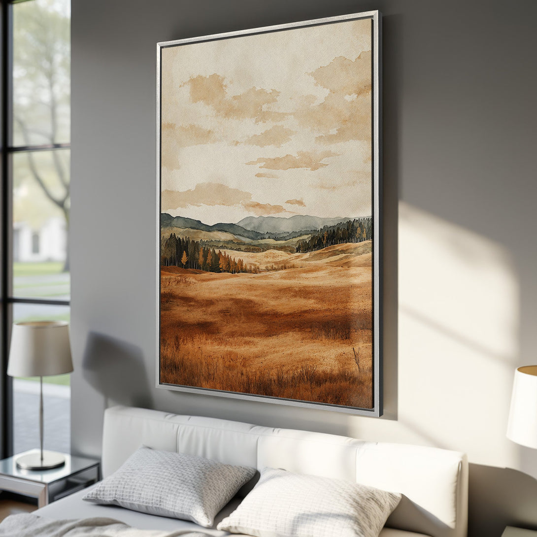 Framed Wall Art: Watercolor landscape Canvas Print in warm earth tones. Adds a touch of nature and serenity to any room. Perfect for modern decor.