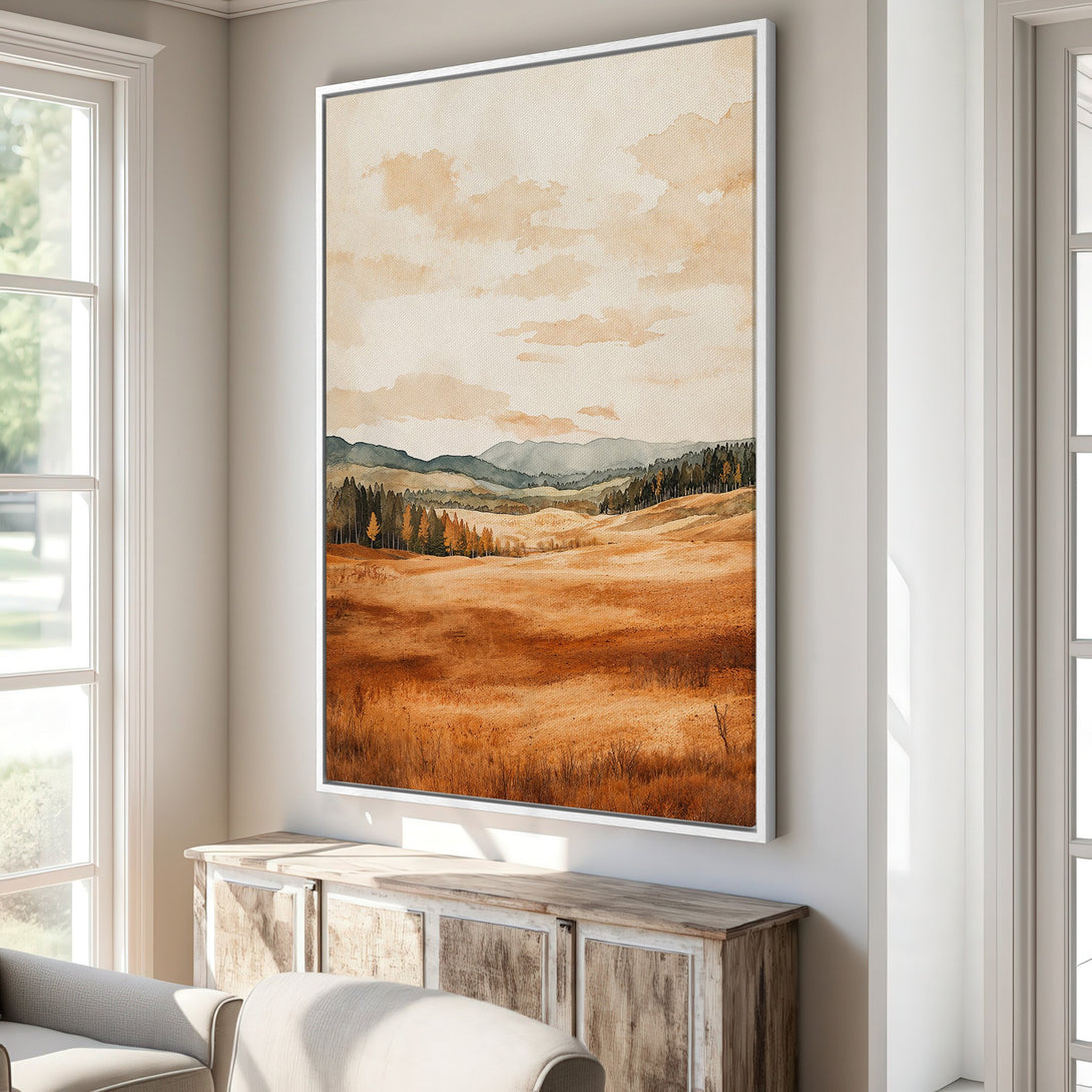 Framed Wall Art: Watercolor landscape Canvas Print in warm earth tones. Perfect for adding a touch of nature-inspired art to your home decor.