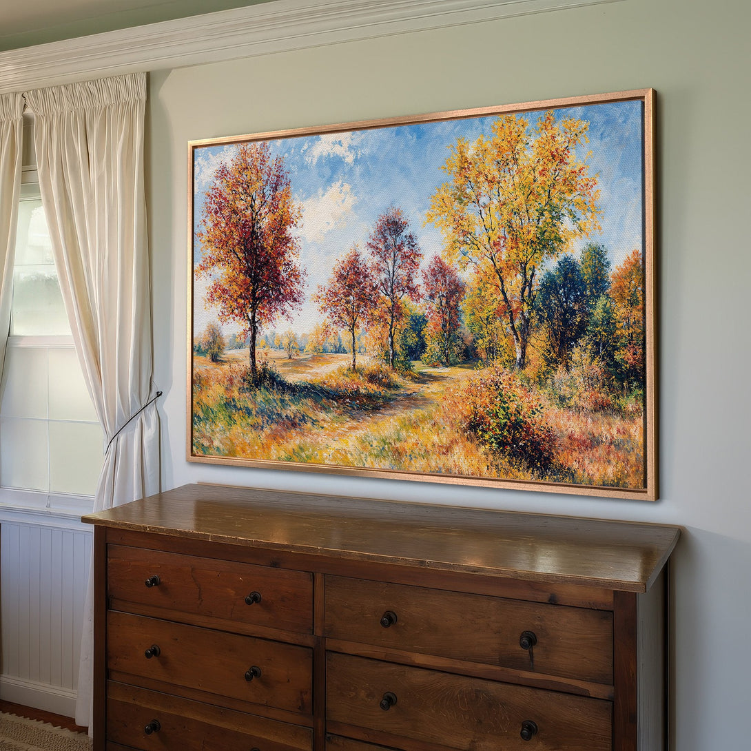 Framed Wall Art: Autumn landscape Canvas Print with warm, vibrant colors. Perfect for adding a touch of nature and art to your home decor.