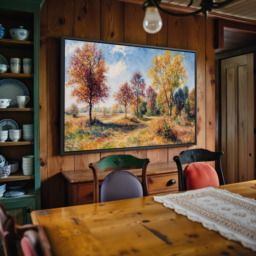 Framed Wall Art: Autumn landscape painting with vibrant reds, yellows, and blues. Rustic style canvas print adds warmth to any interior.