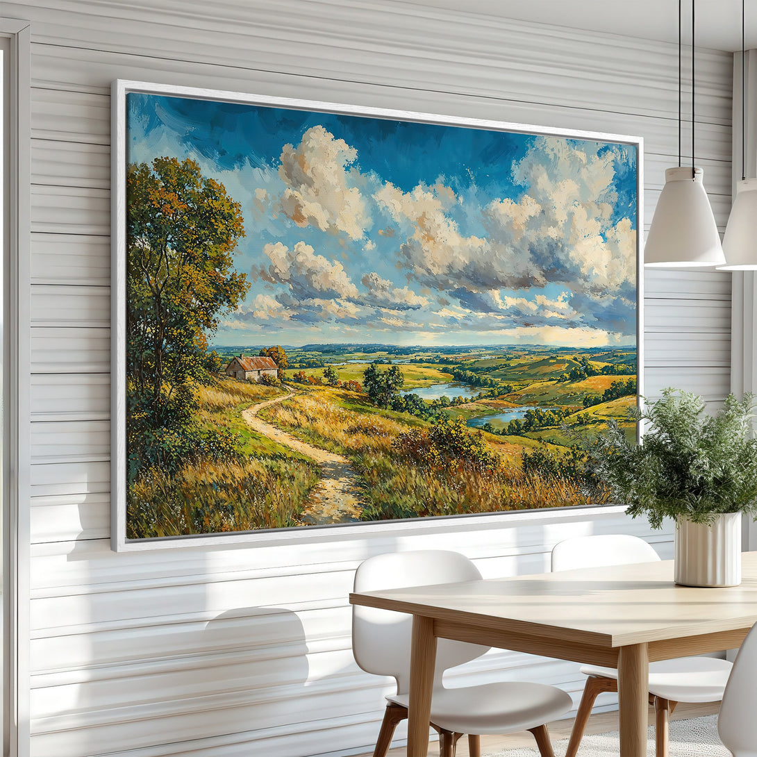 Framed Wall Art of a scenic landscape painting with a blue sky, green fields, and a warm color palette. Perfect for adding a touch of nature to your home.