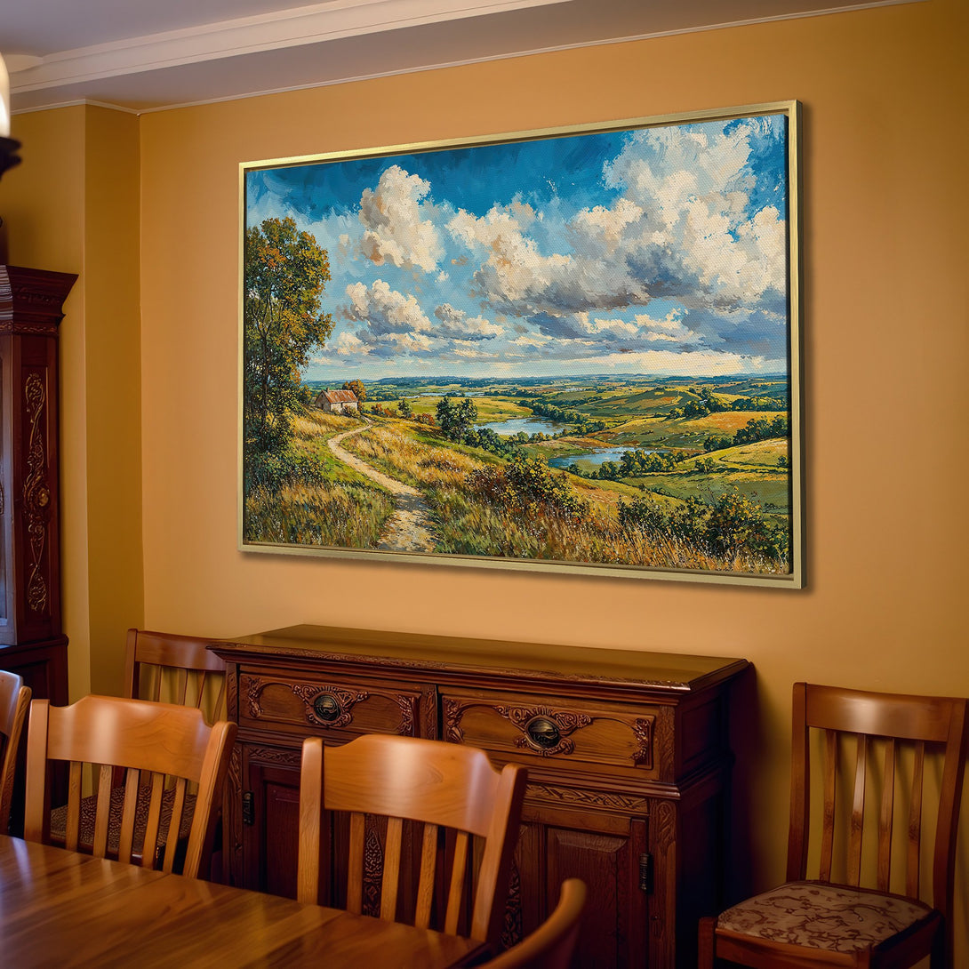 Canvas Print of a landscape painting in a warm color palette, perfect for living room decor. Featuring a scenic view with blue skies.