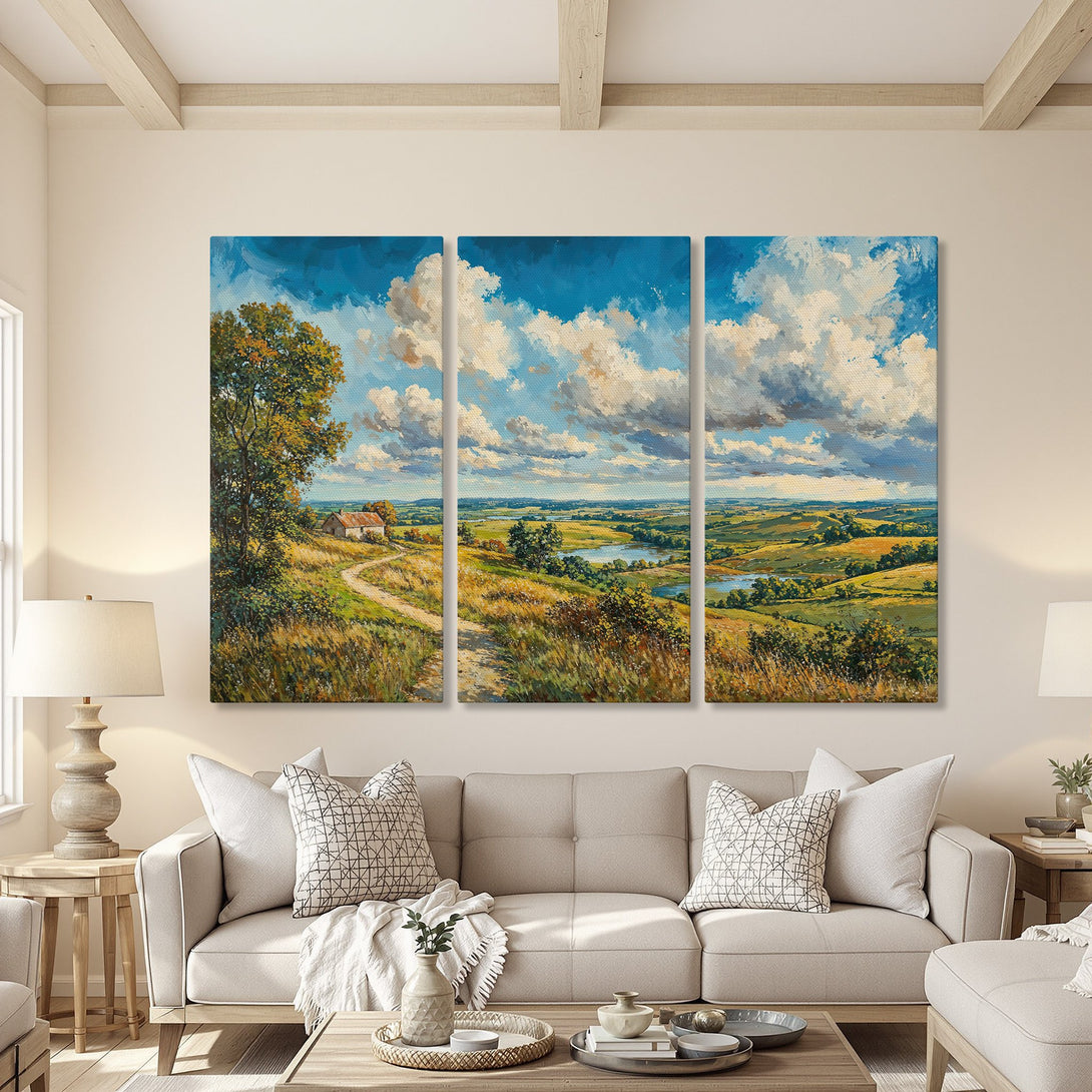 Canvas Print of a scenic landscape painting in a living room. Features a countryside view with blue, green, and yellow hues. Perfect wall art!