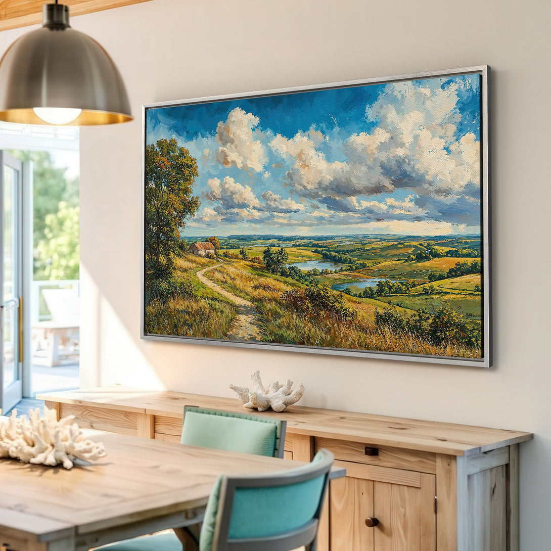 Framed Wall Art: Landscape Canvas Print with vibrant blue sky and rolling hills. Rustic style, warm color palette. Perfect for living rooms and bedrooms.