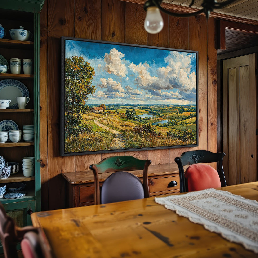 Framed Wall Art: Landscape Canvas Print with blue sky, rolling hills, and a rustic farmhouse. Warm, inviting color palette perfect for any interior.