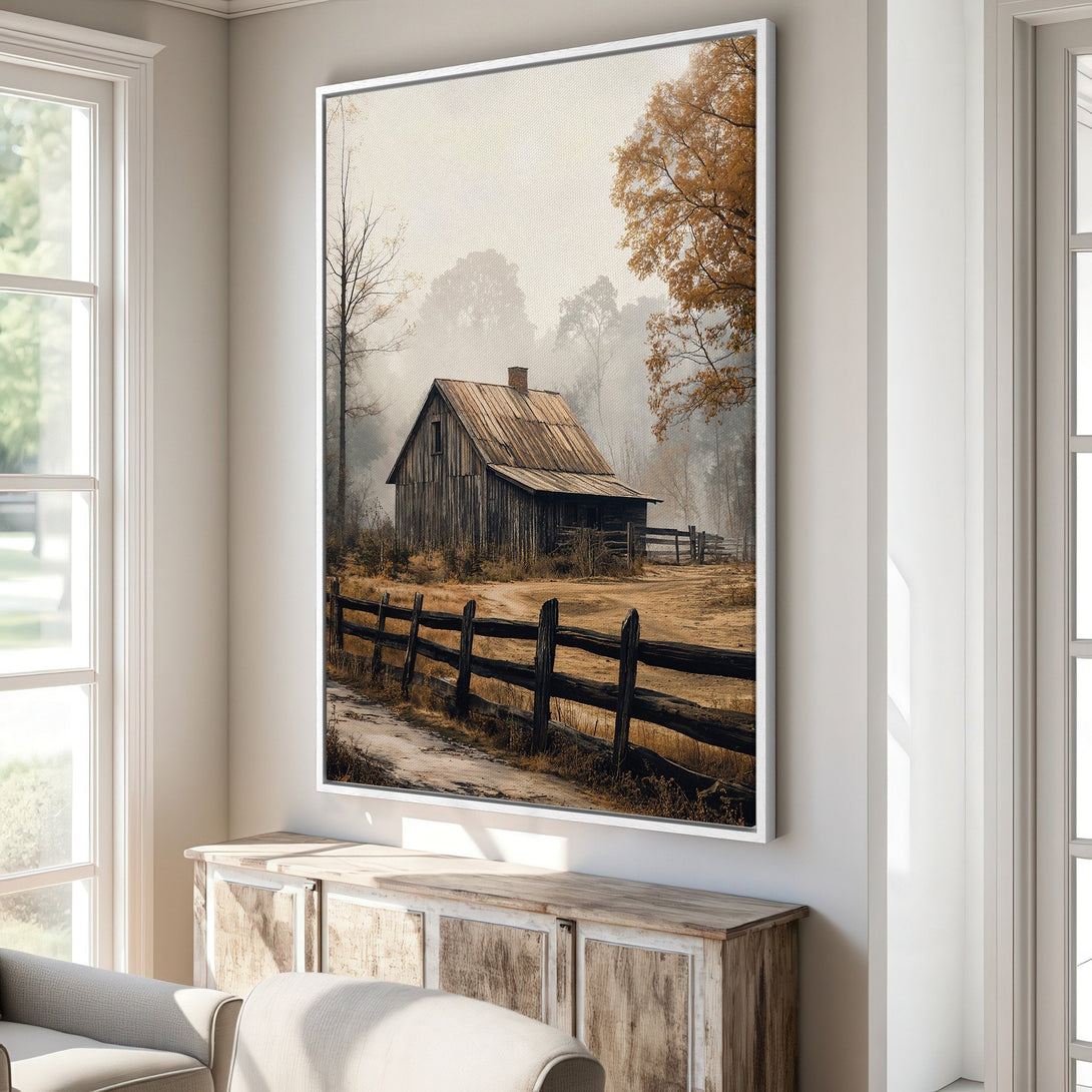 Framed Wall Art: Rustic barn scene canvas print in warm autumn tones. Perfect for farmhouse decor. Shop now for cozy wall art!