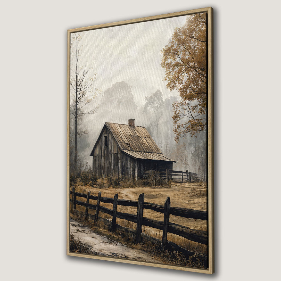 Framed Wall Art: Rustic barn scene in muted earth tones. Perfect for farmhouse decor. Canvas Print of a serene landscape with a vintage, nostalgic feel.