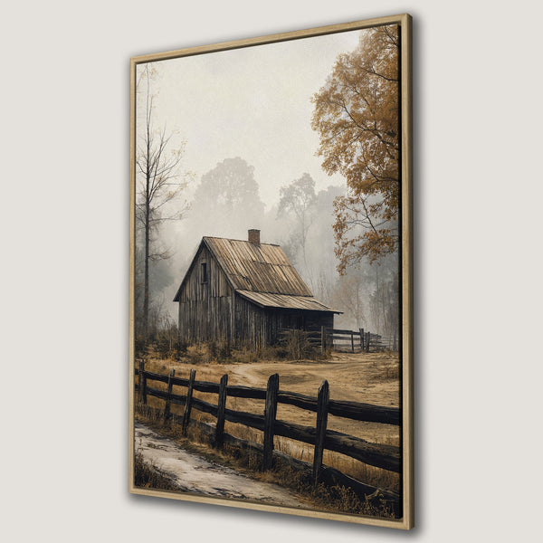 Framed Wall Art: Rustic barn scene in muted earth tones. Perfect for farmhouse decor. Canvas Print of a serene landscape with a vintage, nostalgic feel.