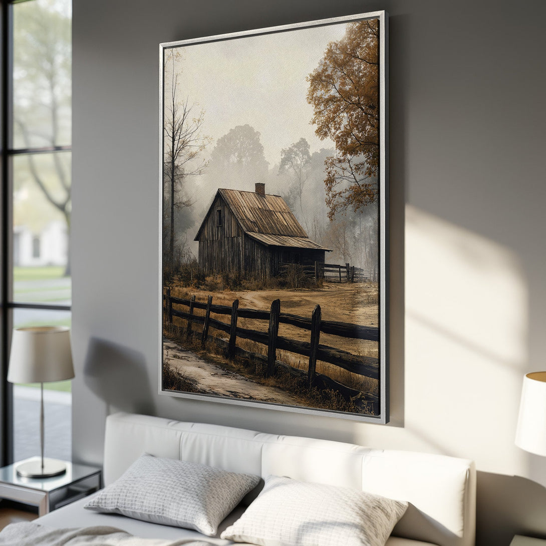 Framed Wall Art: Rustic barn landscape in muted earth tones. Perfect for adding a touch of nature and warmth to your home decor.