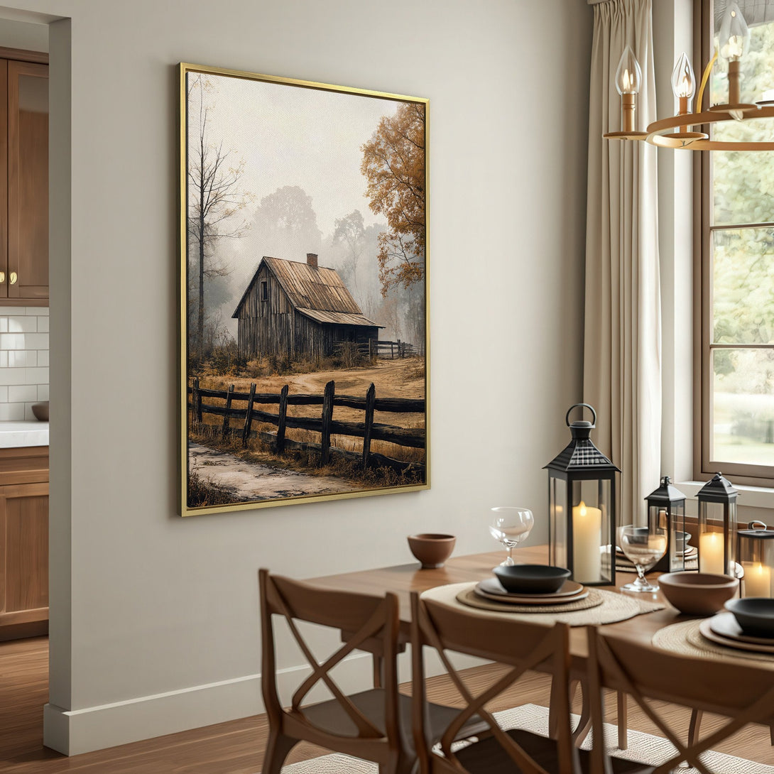 Canvas Print of a rustic barn scene in muted earth tones. Perfect farmhouse decor!