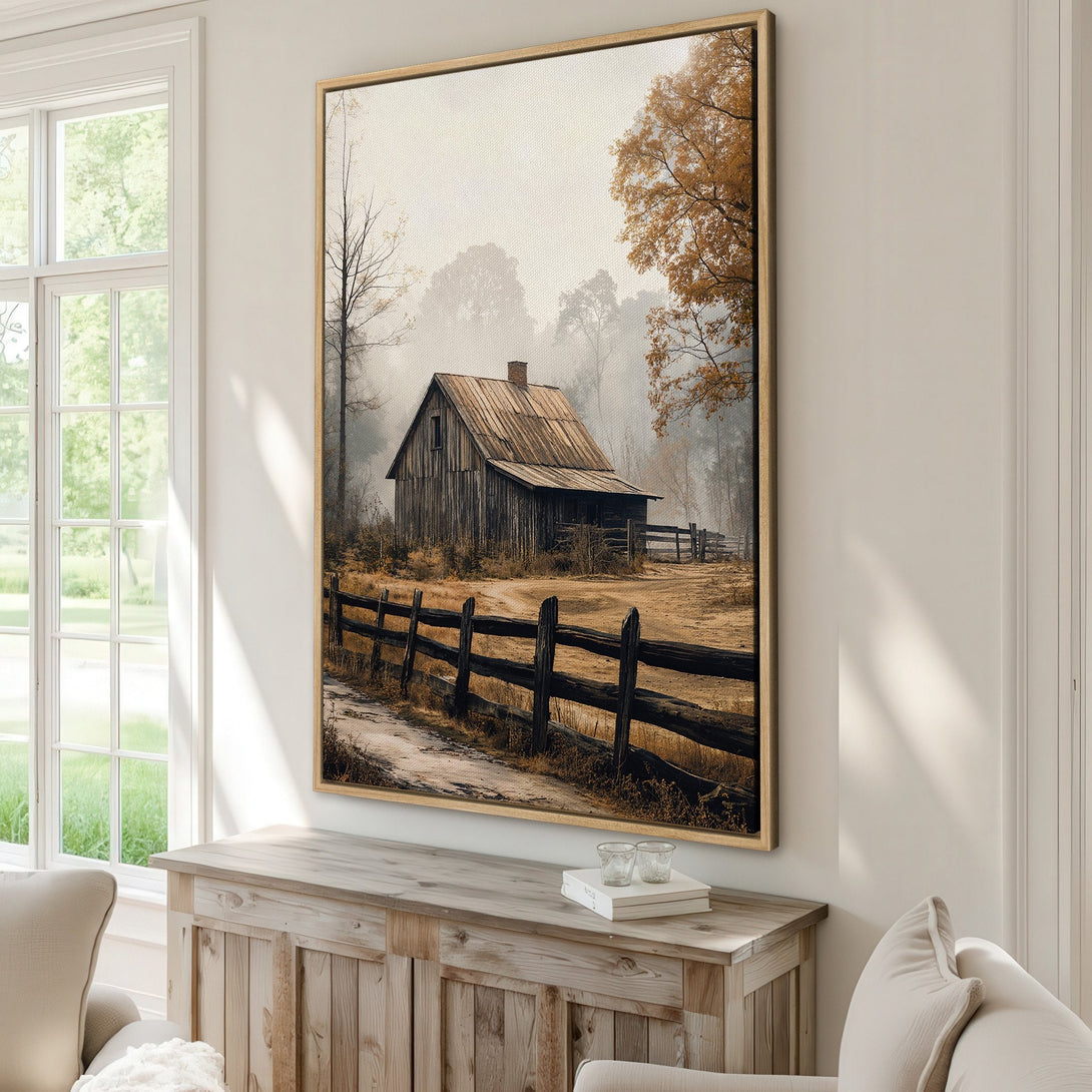 Framed Wall Art: Rustic barn landscape in warm, earthy tones. Bring the cozy charm of a farmhouse to your home with this beautiful canvas print.