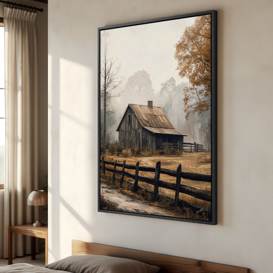Framed Wall Art: Rustic barn scene in muted earth tones. Perfect for farmhouse decor. Canvas Print adds warmth and charm to any space.