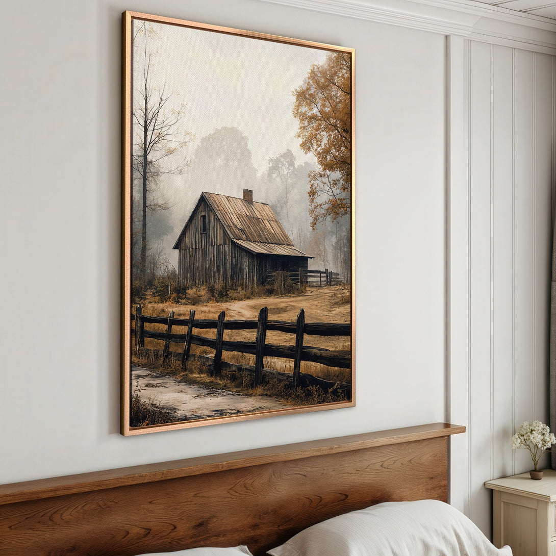 Framed Wall Art: Rustic barn scene in a warm, earthy color palette. Add a touch of countryside charm to your home with this beautiful canvas print.