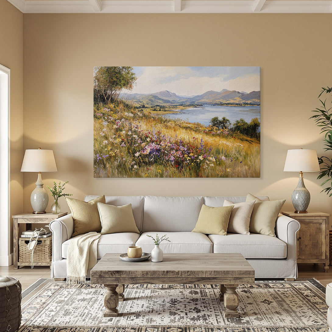 Framed Wall Art: Landscape Canvas Print in warm tones. Featuring a vibrant meadow scene with mountains and a lake. Perfect for home decor.