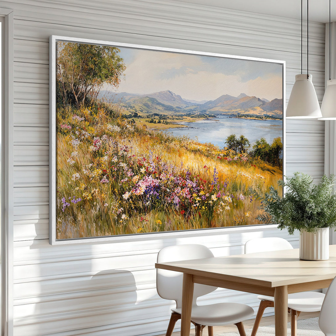 Framed Wall Art: Landscape painting with wildflowers, mountains, and lake. Warm, colorful palette. Perfect for adding a touch of nature to your home.