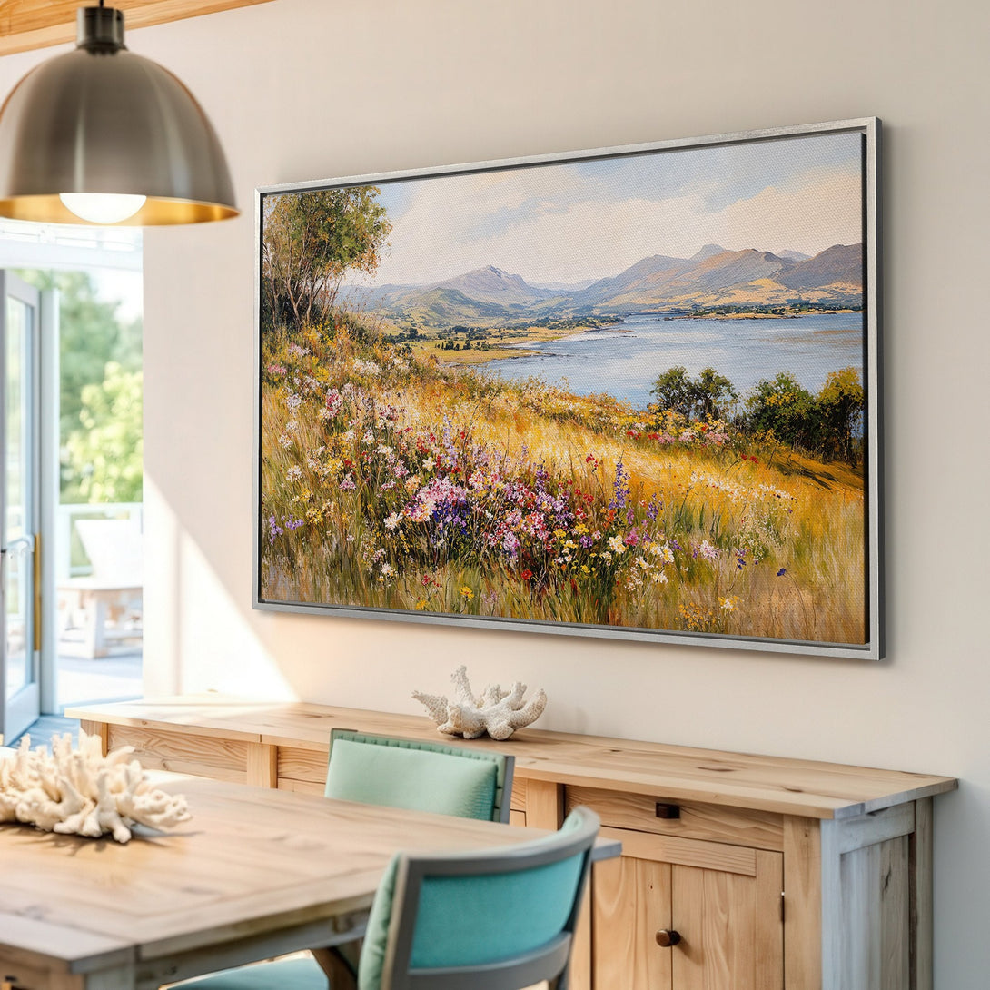 Framed Wall Art: Landscape Canvas Print with vibrant wildflowers, mountains, and lake. Warm, natural color palette for a serene, stylish interior.