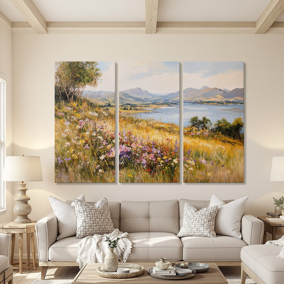 Canvas Print of a serene landscape painting with a warm, inviting color palette. Features a meadow with colorful wildflowers and a lake. Perfect for home decor.
