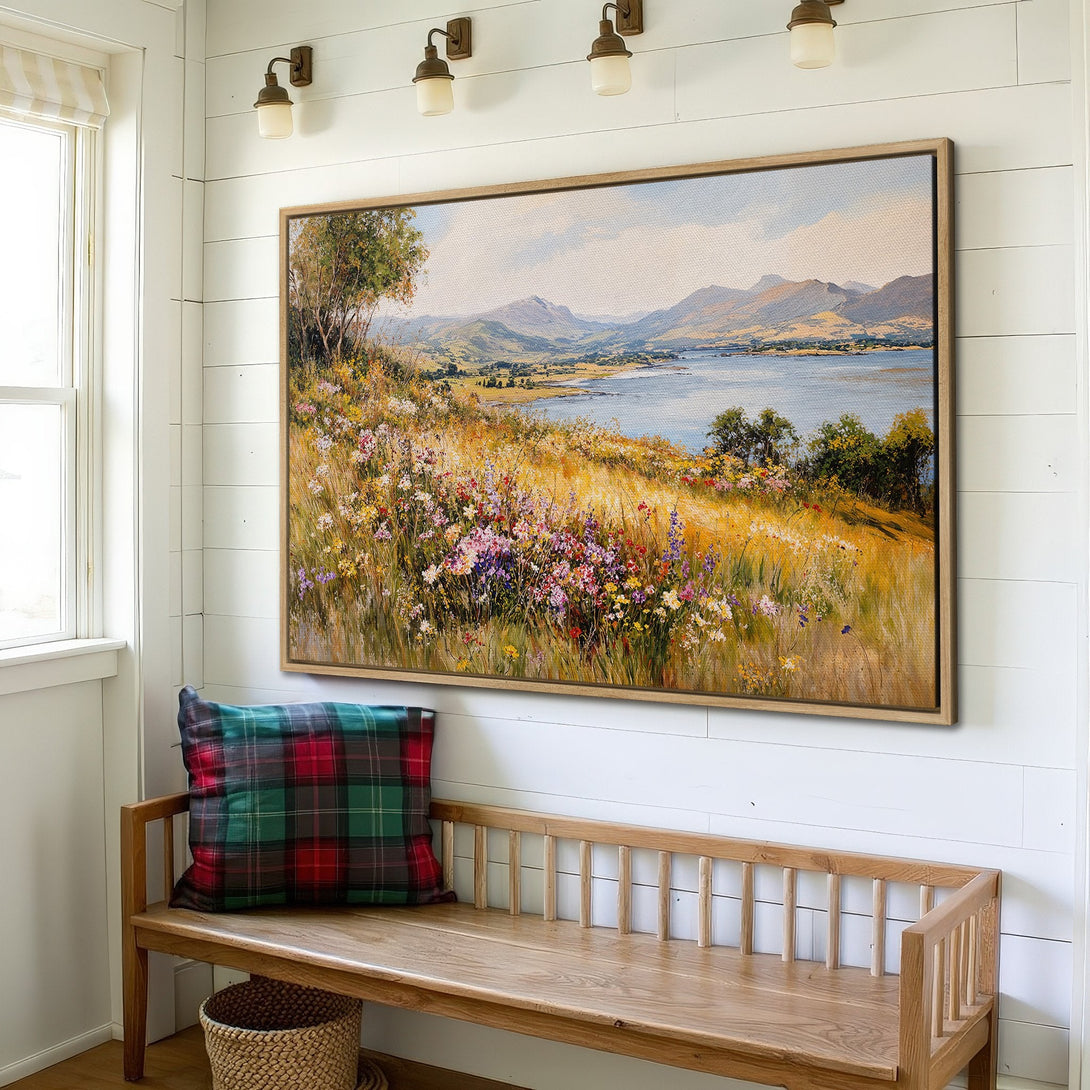 Framed Wall Art: Landscape Canvas Print with a warm, inviting color palette. Features a scenic view of a lake and mountains, perfect for home decor.