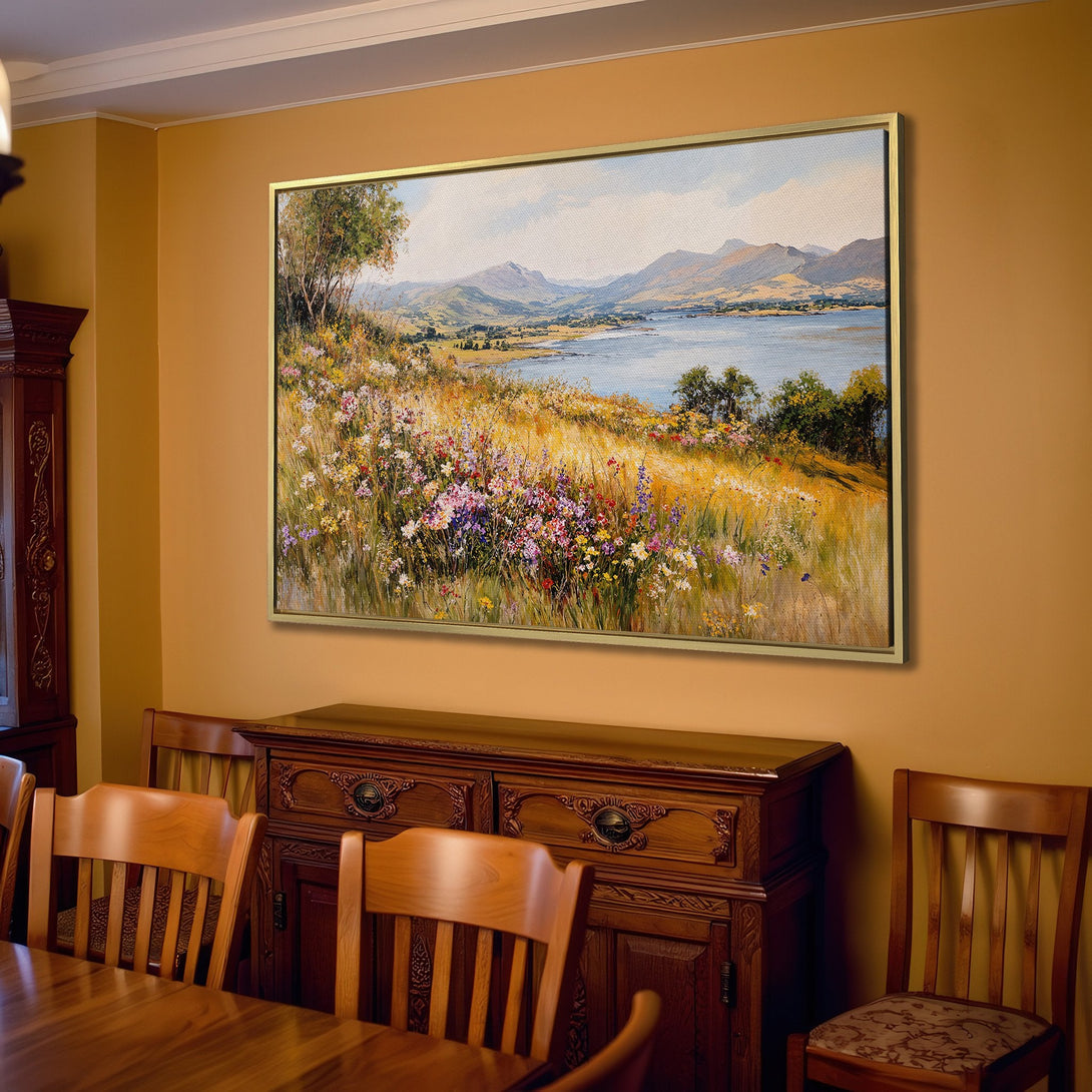 Canvas Print of a serene landscape painting in a warm, inviting interior. Features a vibrant color palette with blues, greens, and yellows.