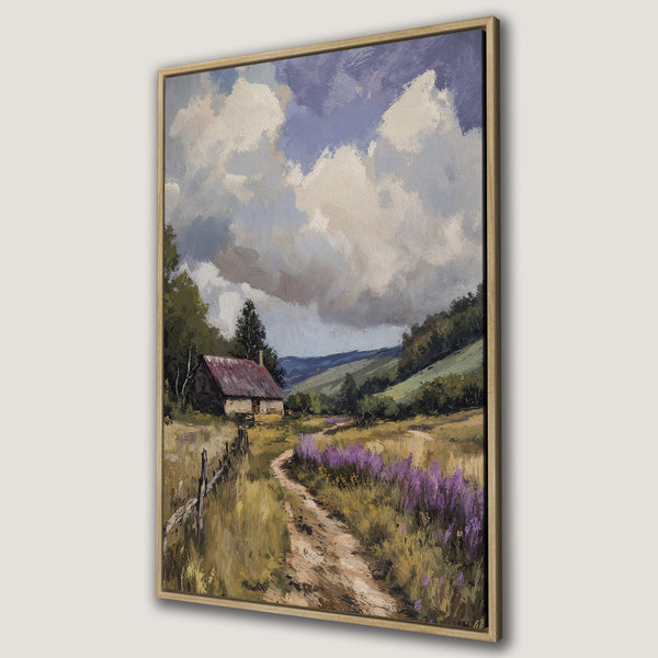 Framed Wall Art: Landscape painting of a rustic cabin and path, with a muted color palette of greens, browns, and purples. Perfect for adding a touch of nature.