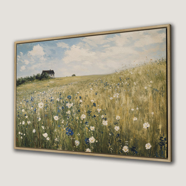 Framed Wall Art: Impressionist painting of a field with wildflowers and a house. Earthy tones with pops of blue and white. Perfect for home decor.