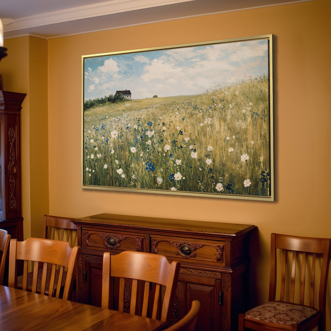 Canvas Print of a serene landscape painting with a farmhouse, featuring a warm, neutral color palette. Perfect for adding a touch of nature to your home!