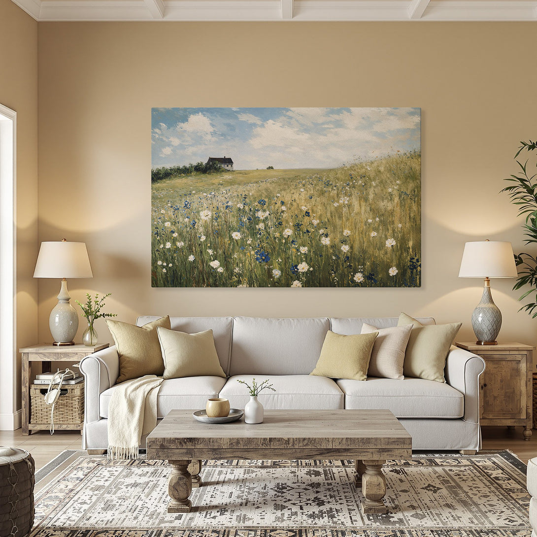 Framed Wall Art featuring a serene landscape with wildflowers. Soft blues and greens create a calming atmosphere, perfect for any home.