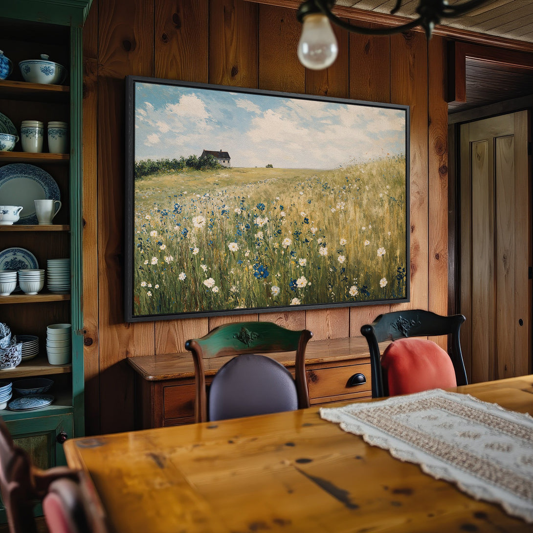 Framed Wall Art: Landscape Canvas Print with field of wildflowers, impressionistic style, warm earth tones and blue accents, perfect for home decor.