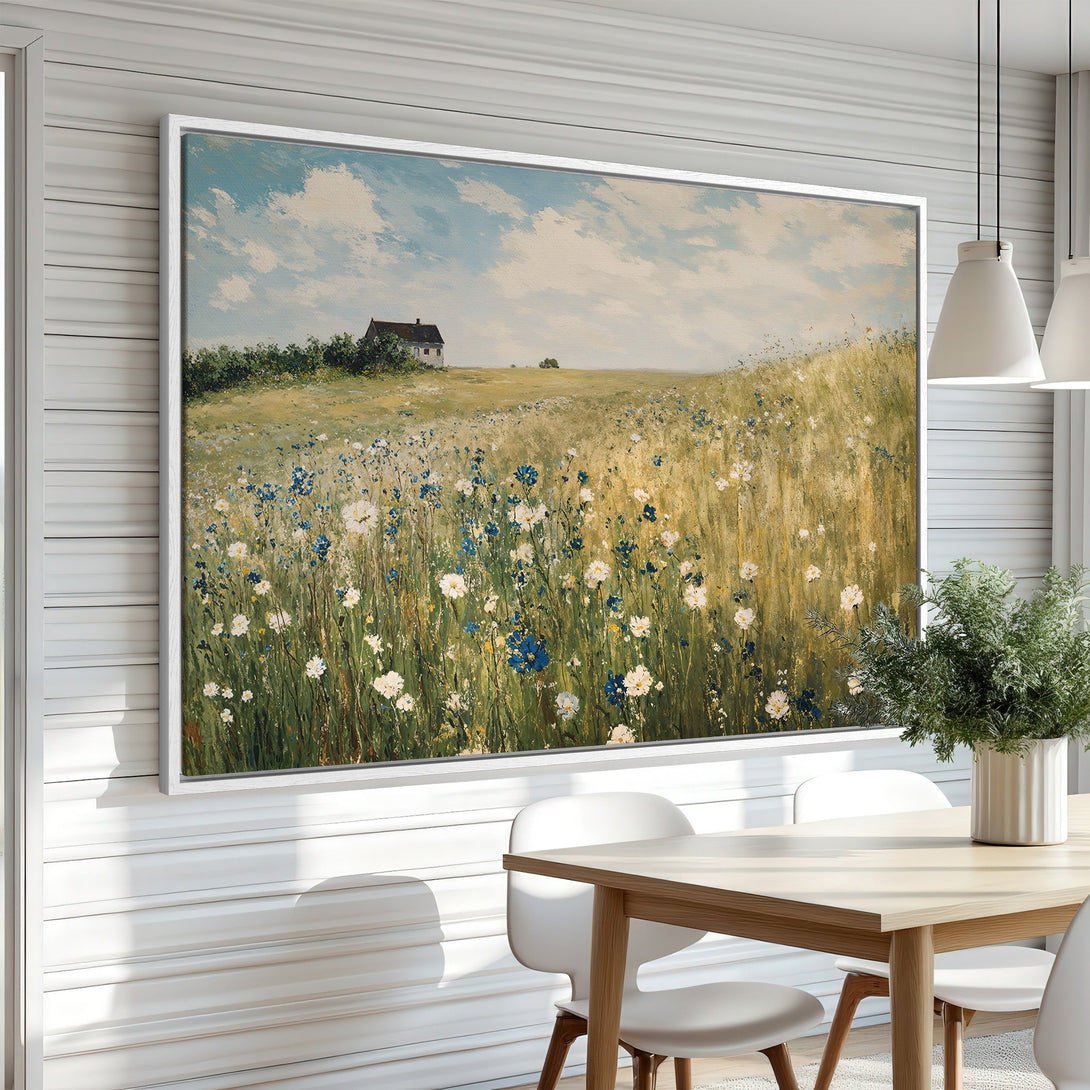 Framed Wall Art: Impressionist landscape Canvas Print with a field of wildflowers, featuring blue, white, and gold tones. Perfect for adding a touch of nature to your home.