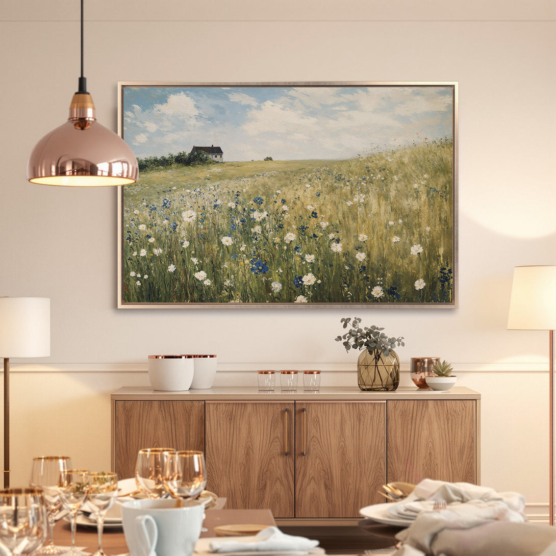 Framed Wall Art: Serene landscape canvas print featuring a field of wildflowers in a warm, inviting color palette. Perfect for adding a touch of nature to your home.