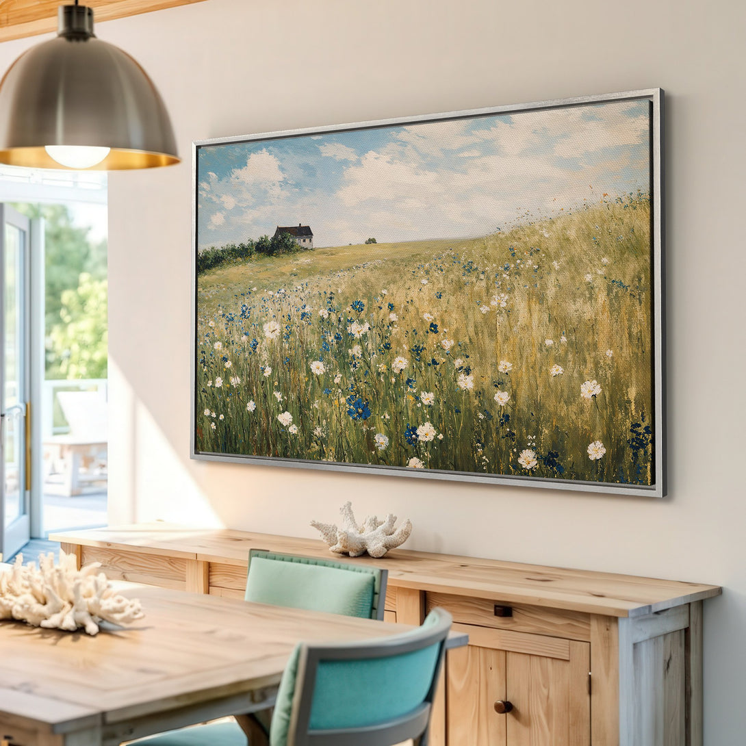 Framed Wall Art: Impressionist field of wildflowers. Warm, earthy tones with pops of blue & white. Perfect for adding a touch of nature to your home.