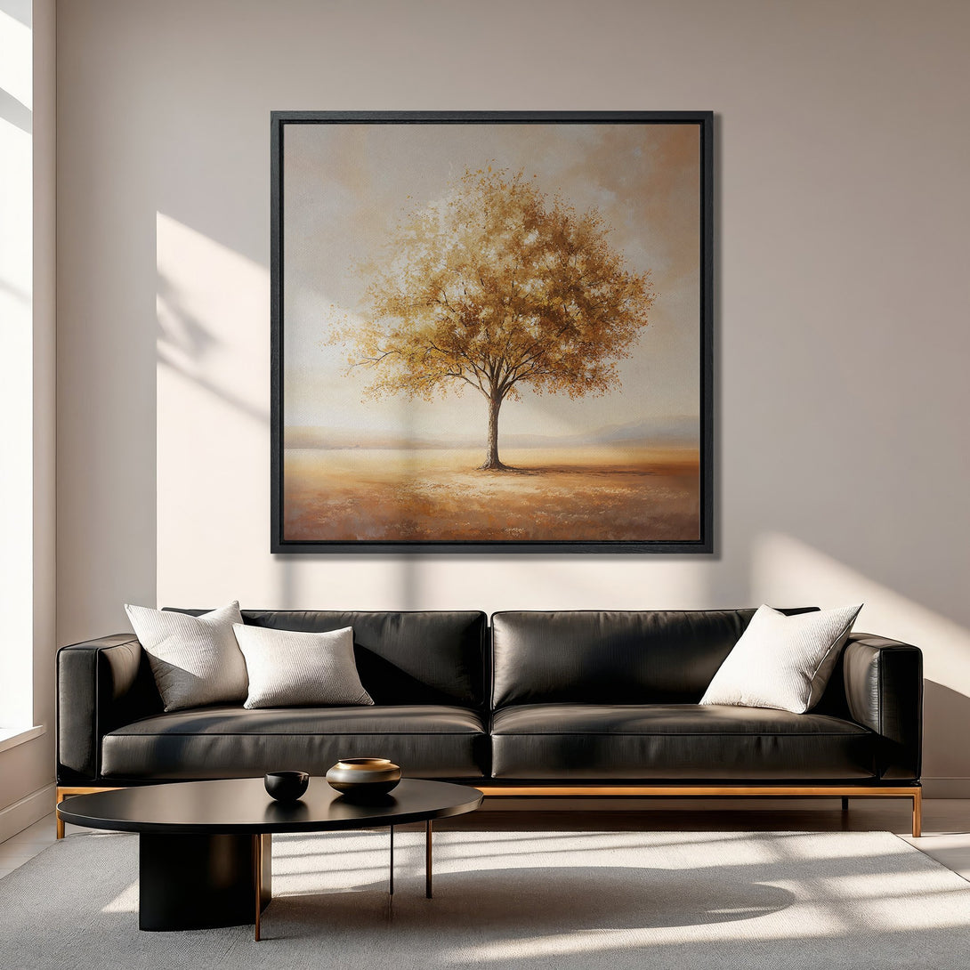 Framed Wall Art featuring a serene tree landscape in warm, earthy tones. Perfect for adding a touch of nature and elegance to any living room. Shop now!