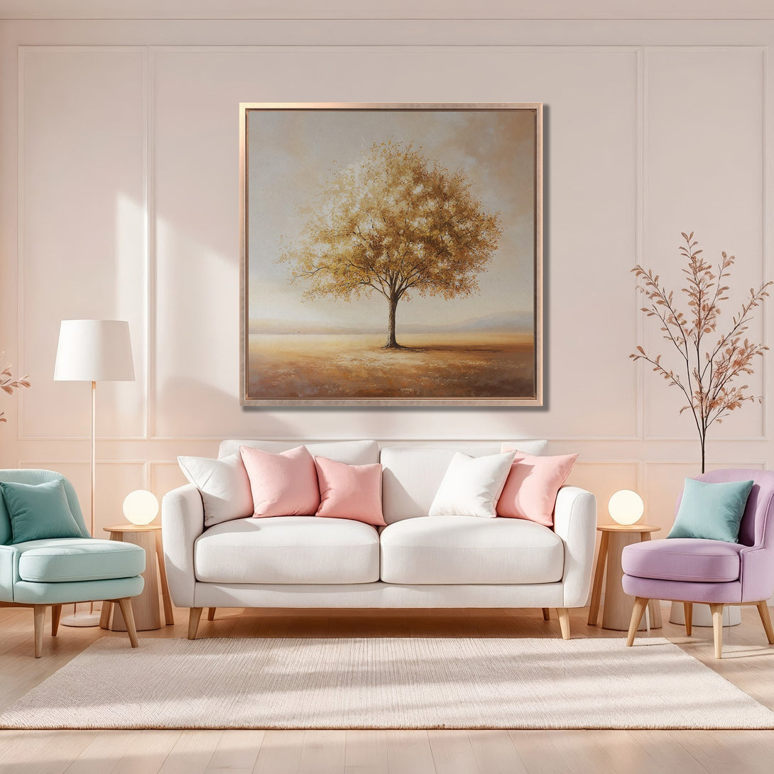 Framed Wall Art of a golden tree in a warm, neutral color palette. Ideal for adding a touch of nature and elegance to your living room.