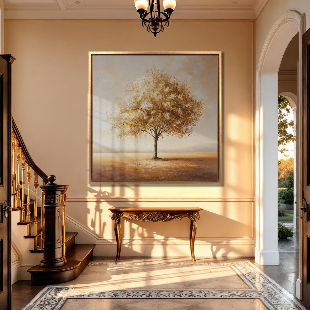 Framed Wall Art: Golden tree landscape painting in a warm, neutral color palette. Elegant interior decor, perfect for adding a touch of sophistication.