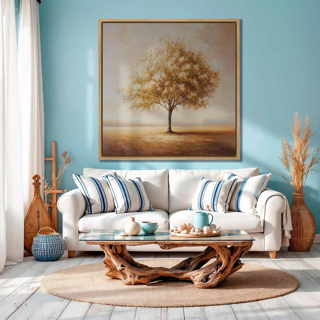 Framed Wall Art: Serene tree landscape canvas print in warm earth tones. Perfect for adding a touch of nature & style to your living room.