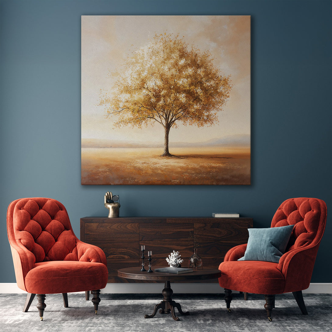Framed Wall Art: Elegant landscape Canvas Print featuring a golden tree. Warm, neutral color palette complements modern interior design. Bring nature indoors!